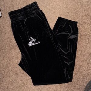 Black Velvet Joggers with Embroidered Text